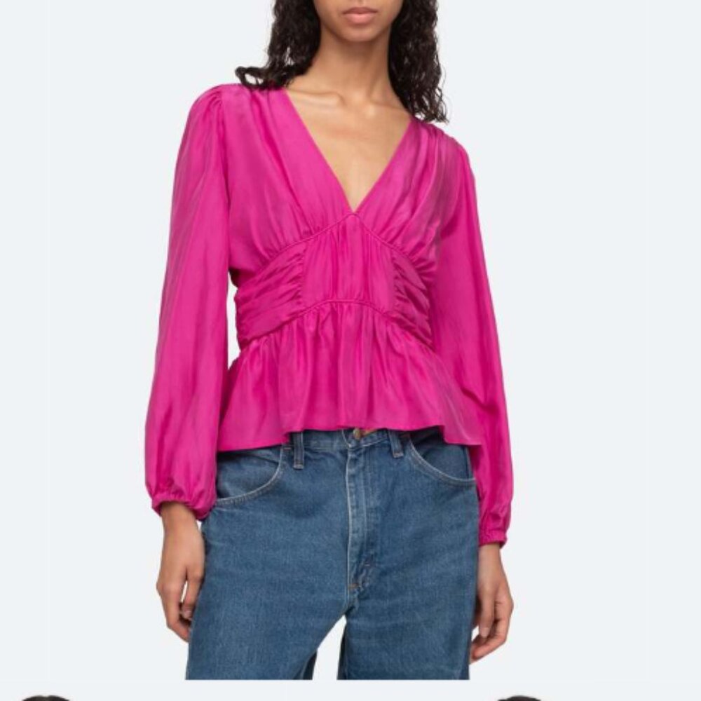 Sea New York Size 4 Fabiola Blouse Top Pink Silk Blend V Neck Puff Sleeve NEW